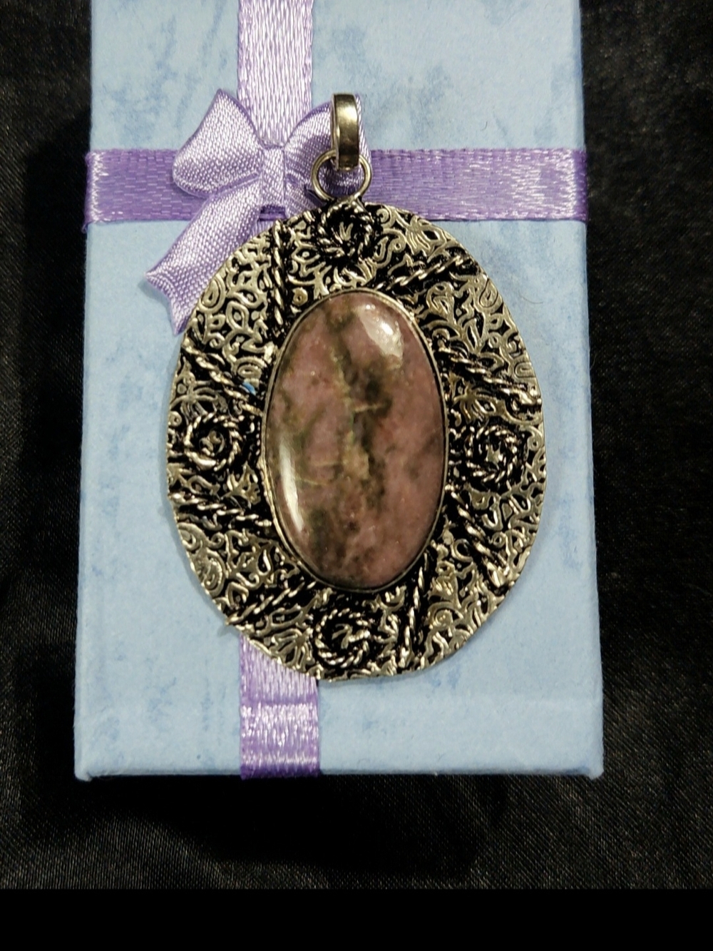 Source Unknown Large, Silver-Tone, Natural, Oval Rhodonite Pendant